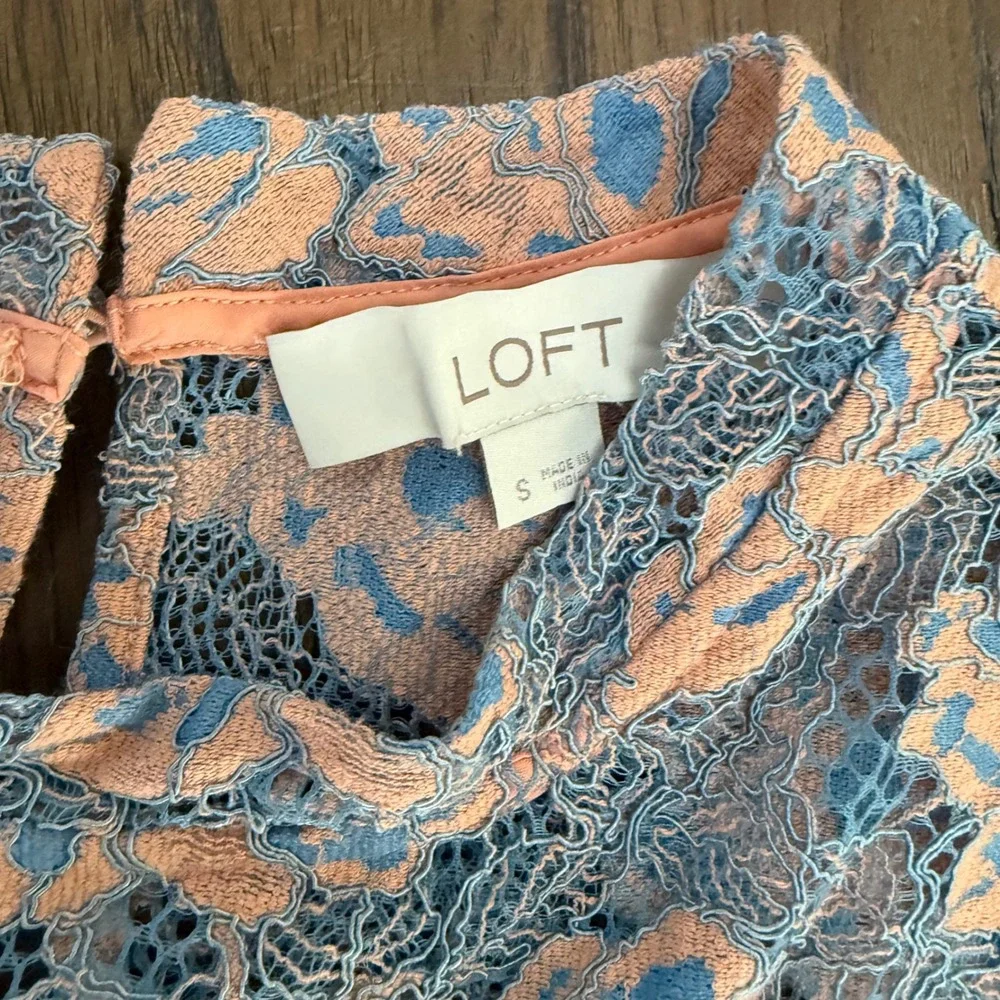 LOFT Womens Blue Peach Floral Lace Mock Neck Long Sleeve Blouse Small